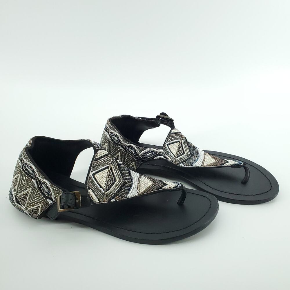 Aspiga Black Silver White T-Strap Hand-beaded Ankle Cuff Sandals Buckle Clasp 38 - Picture 1 of 11